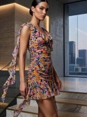 Zara Floral Print Ruffle Ruched Mini Dress in Multicolor